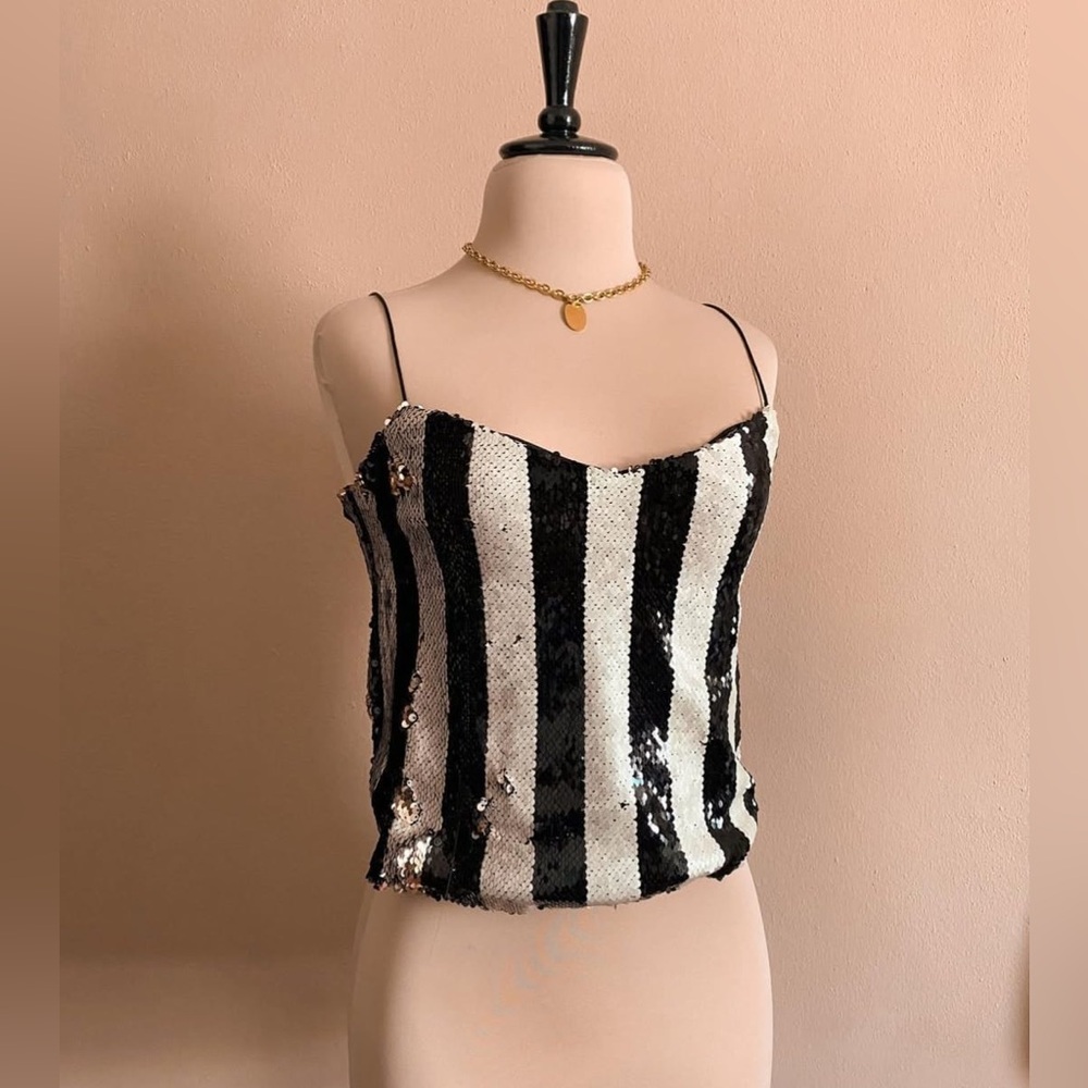 Black and White Sequin Fitted Camisole Zara